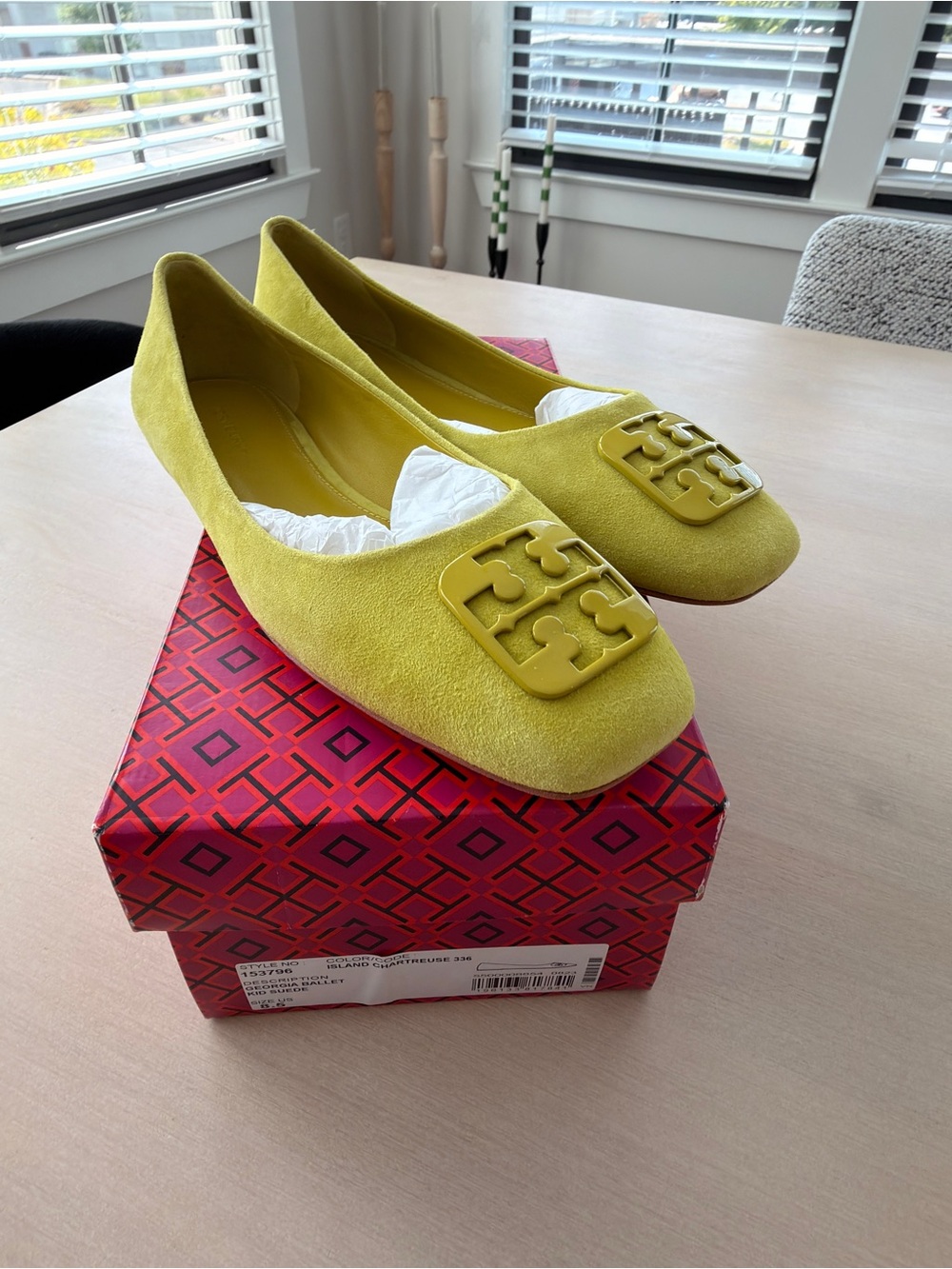 Tory Burch Island Chartreuse Suede Logo Ballet Flats
